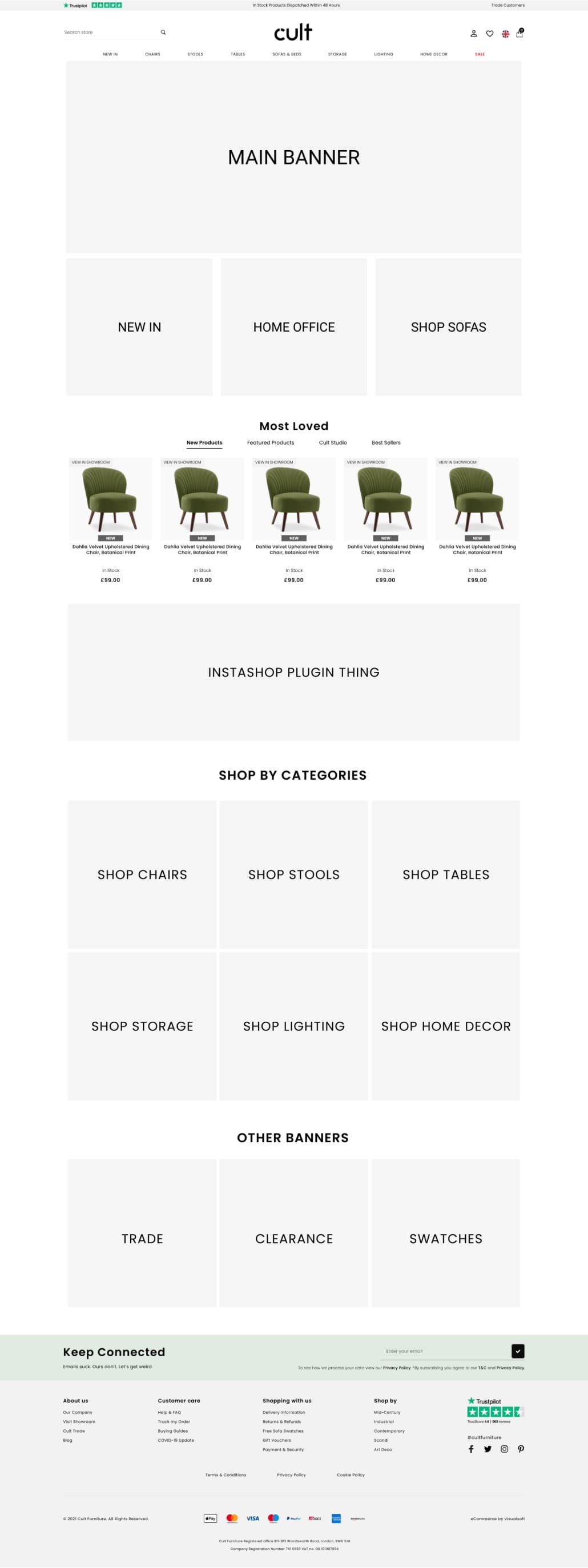Low fidelity stage for the Cult Furniture homepage redesign