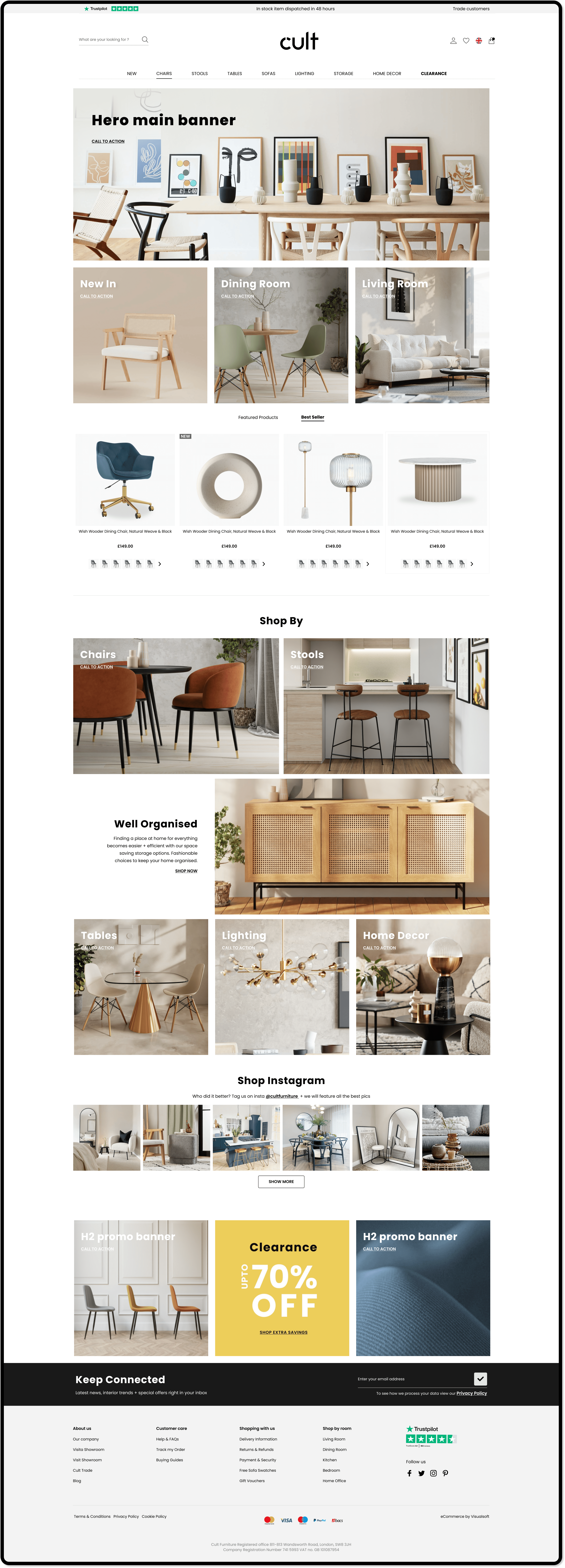 Homepage: full-page scroll showing hero, promo banners, card navigation, carousel and social gallery